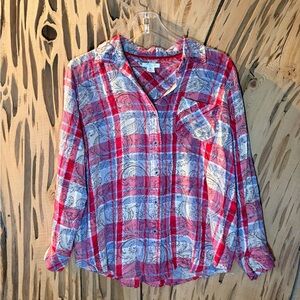 Westbound Red Plaid Paisley Print Button Up Shirt. Size: PL